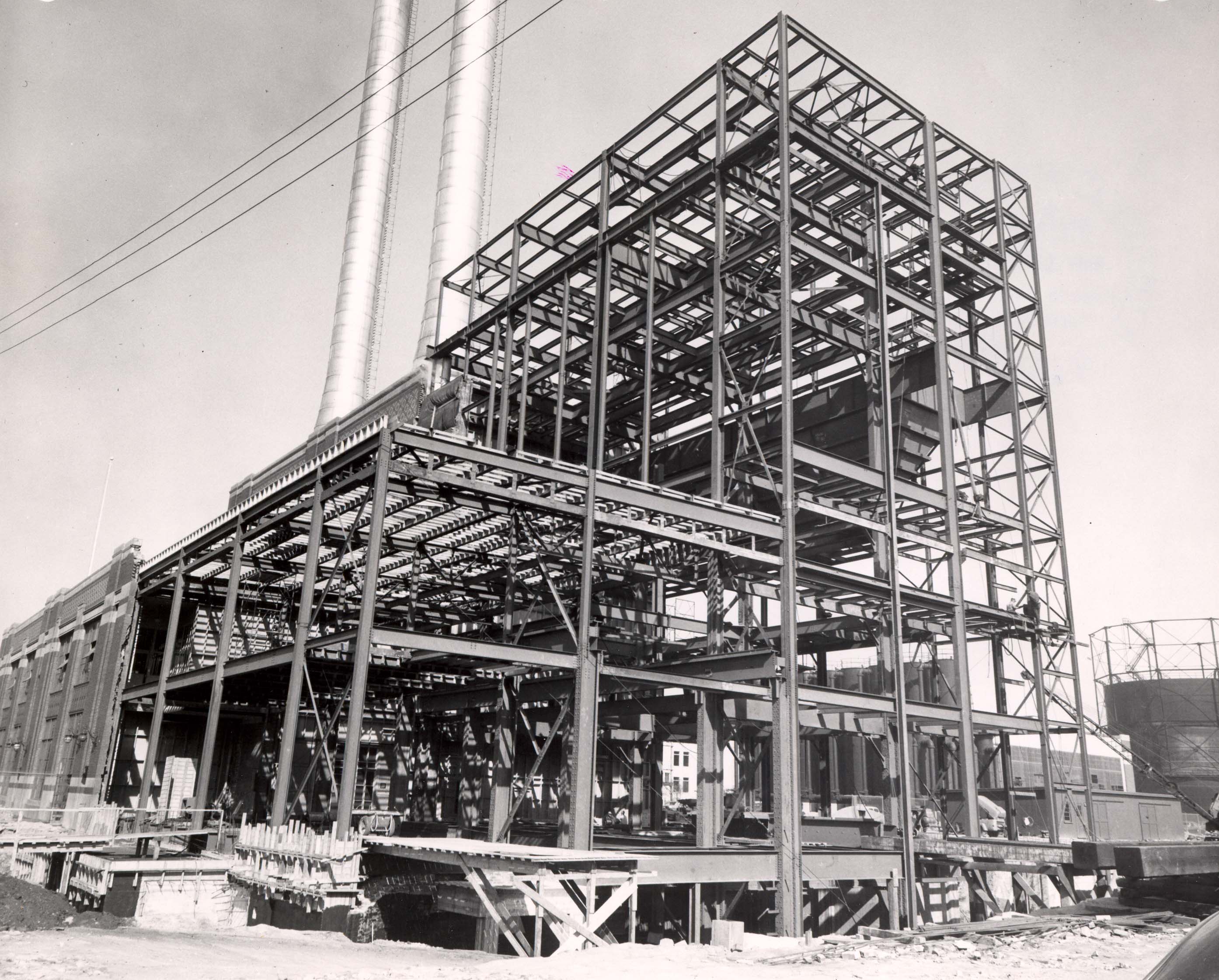 Photograph%20of%20construction%20at%20the%20Ford%20Power%20Plant%20addition%2C%20showing%20the%20complete%20skeletal%20frame%20of%20new%20section.